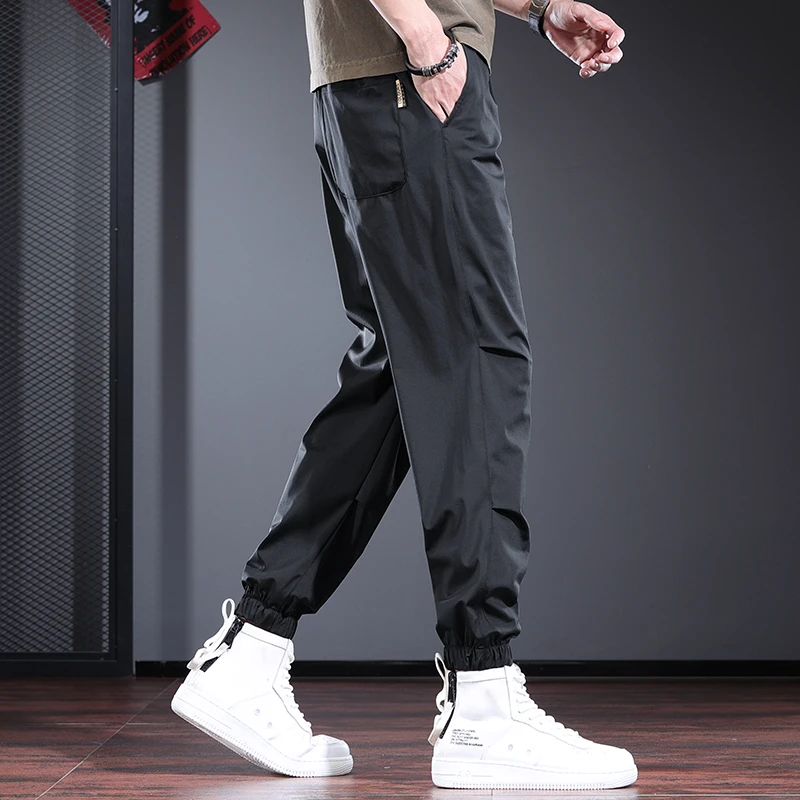 jeep吉普夏季冰丝裤男弹力宽松阔腿休闲裤字母印花跑步运动速干裤