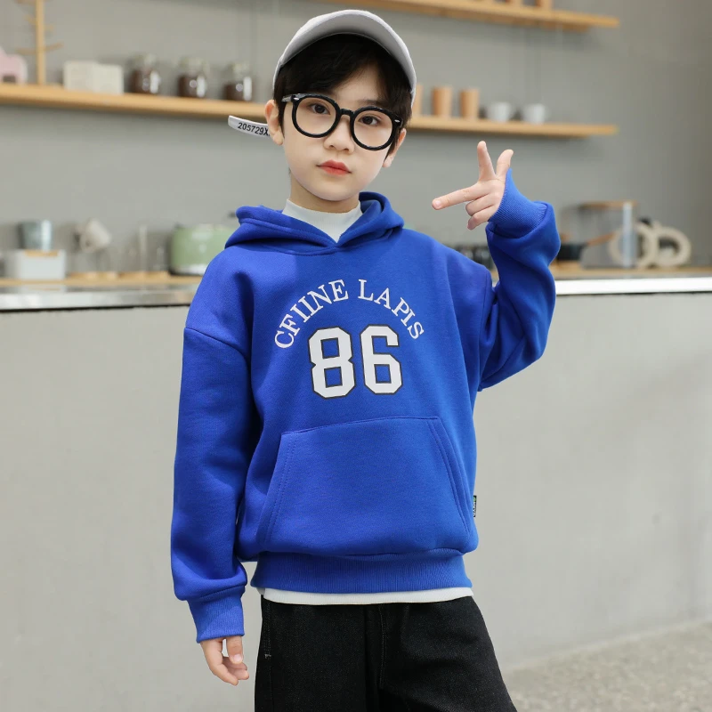 【KKI】（加绒卫衣）男童秋冬季加厚卫衣儿童圆领字母印花连帽中大童