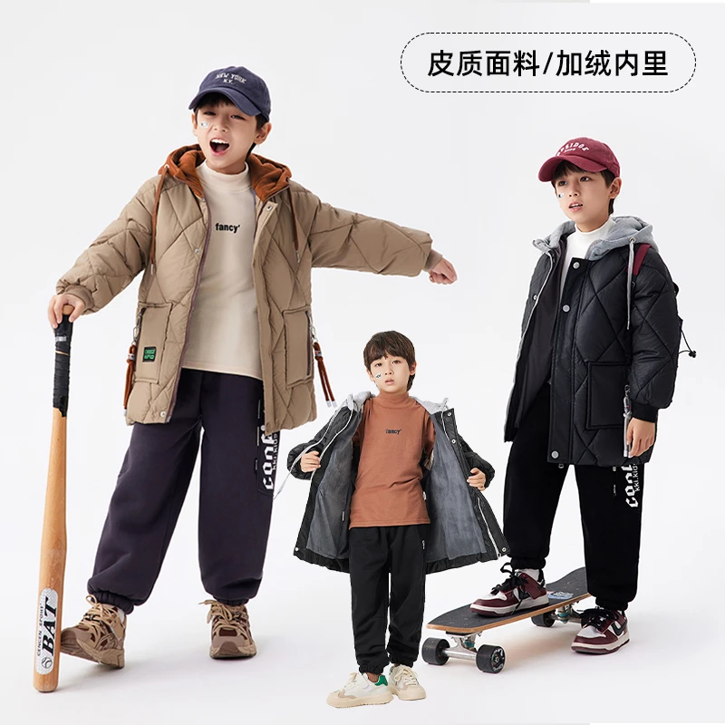 KKI冬款2024潮牌男女童菱格皮面五防免洗加绒保暖棉服