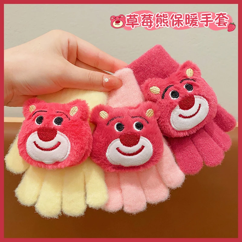 儿童可爱草莓熊手套冬季女童保暖加厚分指套小女孩宝宝写字五指套