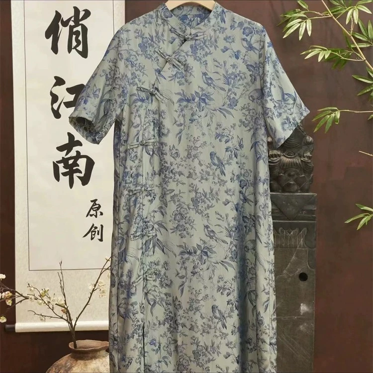 （青花瓷）新中式改良连衣裙阔版显瘦枝减龄夏季别致宋锦中长款裙