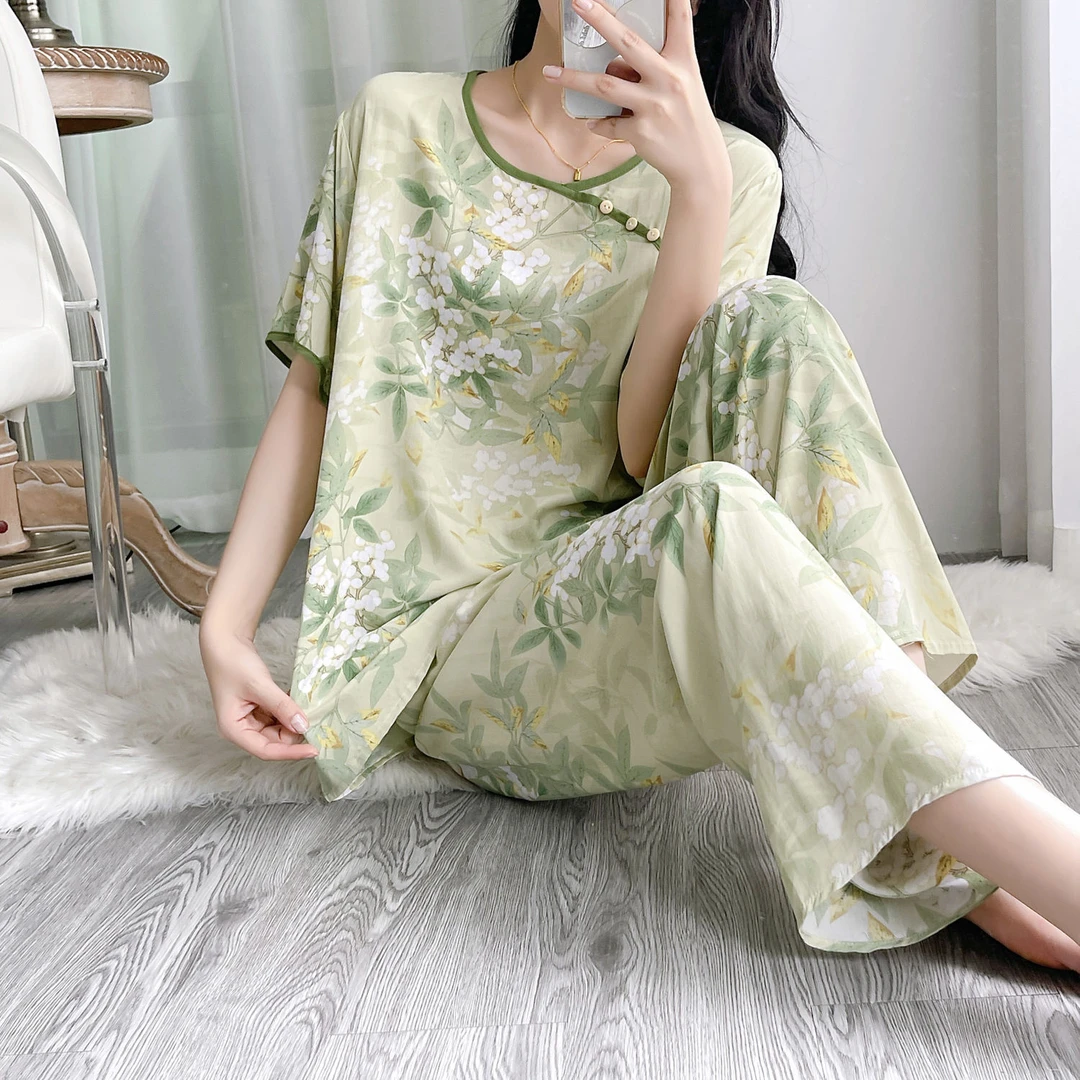 夏季新中式古风棉绸家居服女睡衣短袖长裤圆领宽松大码可外穿套装