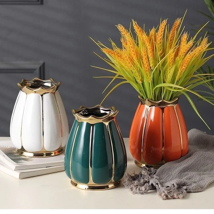 金边陶瓷莲家居摆件稻穗麦穗桌面摆件瓶