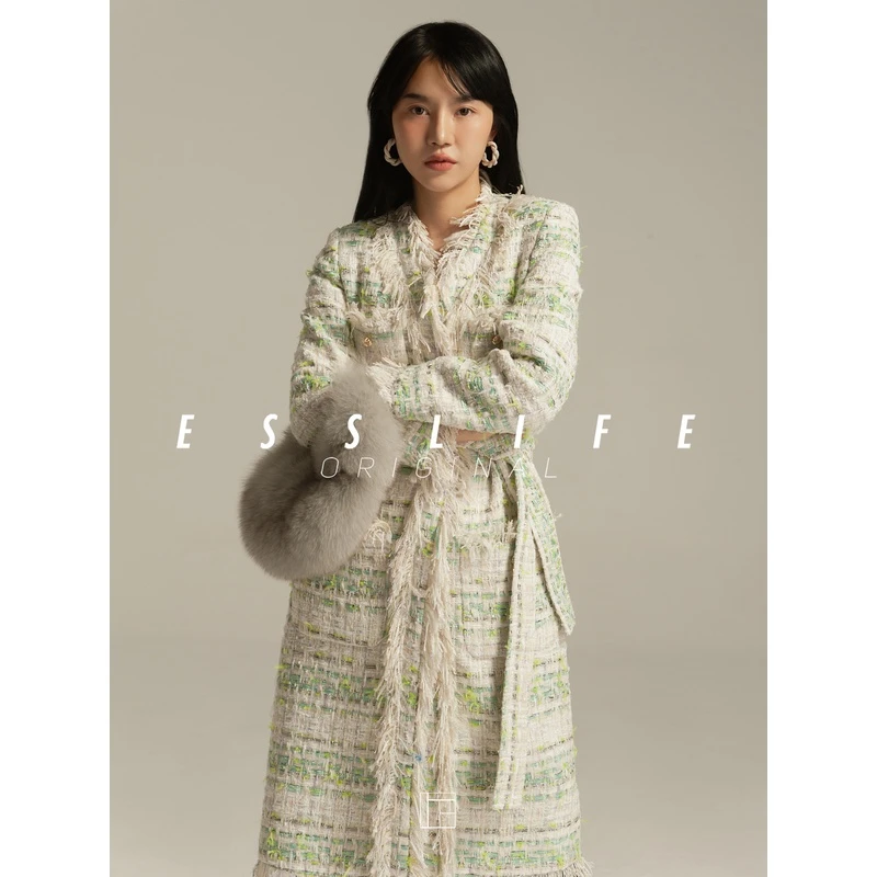 ESSLIFE 重工设计感小香风流苏羊毛呢大衣女冬季浅绿色中长款大衣