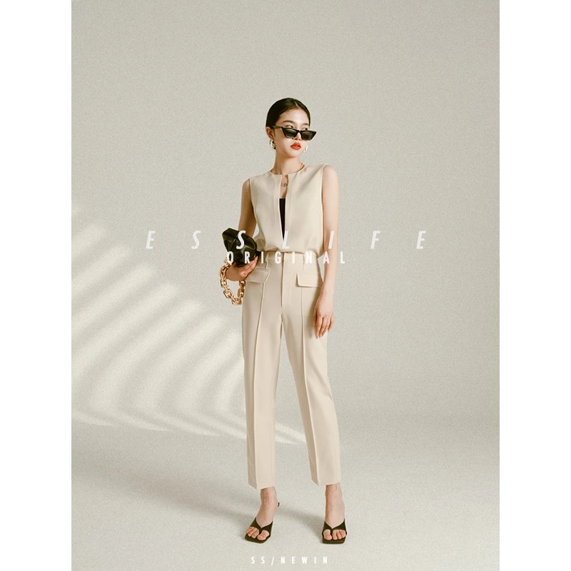 ESSLIFE深v无袖上衣裤子女两件套夏季高级感醋酸裤子套装（直1112）