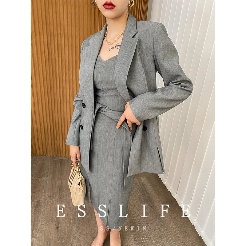 ESSLIFE 渐入佳境 职业气质西装连衣裙两件套女秋装灰色西服套装