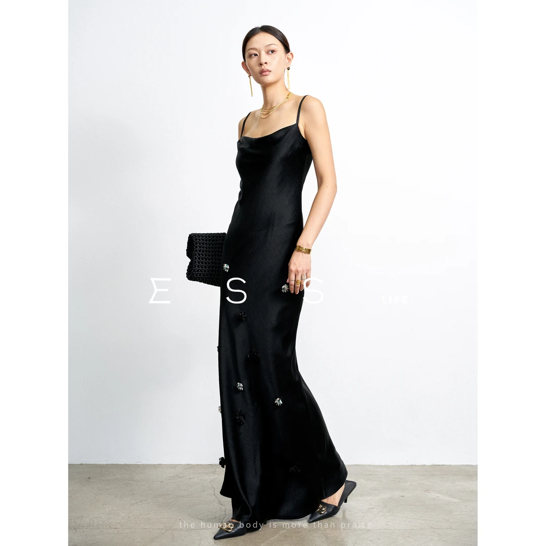 ESSLIFE 钢琴家醋酸缎面吊带连衣裙女夏法式收腰露背修身鱼尾长裙