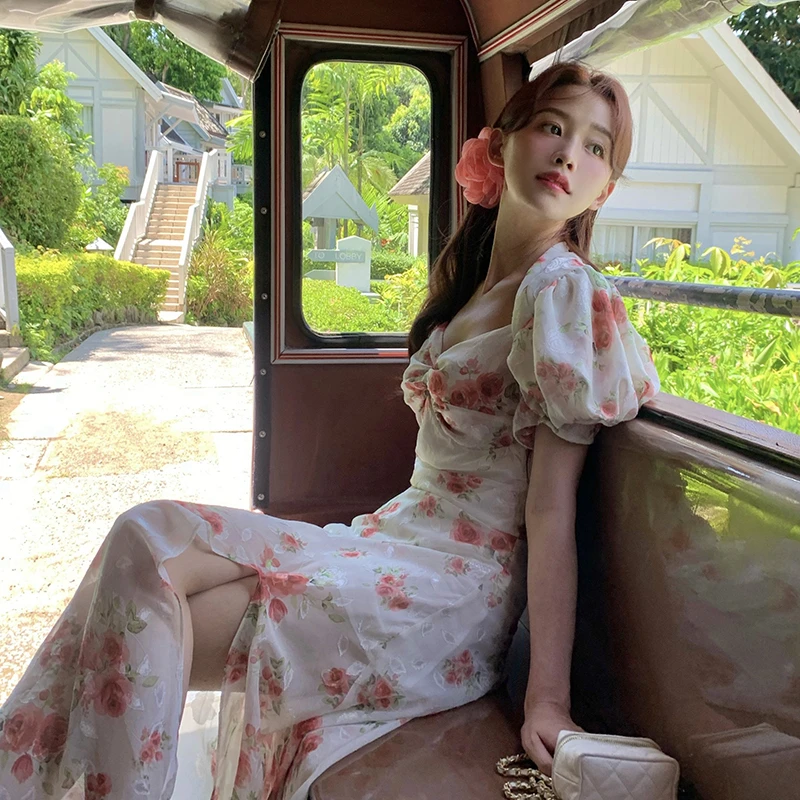 赵幺妹 罗曼史～法式复古印花波点宫廷泡泡袖修身收腰开叉连衣裙