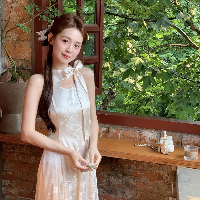 赵幺妹 一梦芳华 新中式国风改良旗袍无袖挂脖镂空系带连衣裙长裙