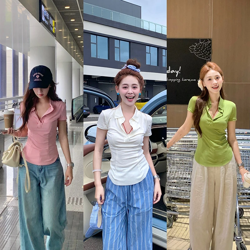 赵幺妹 不一样的polo衫 三色翻领v领短袖T恤女夏短款收腰修身上衣