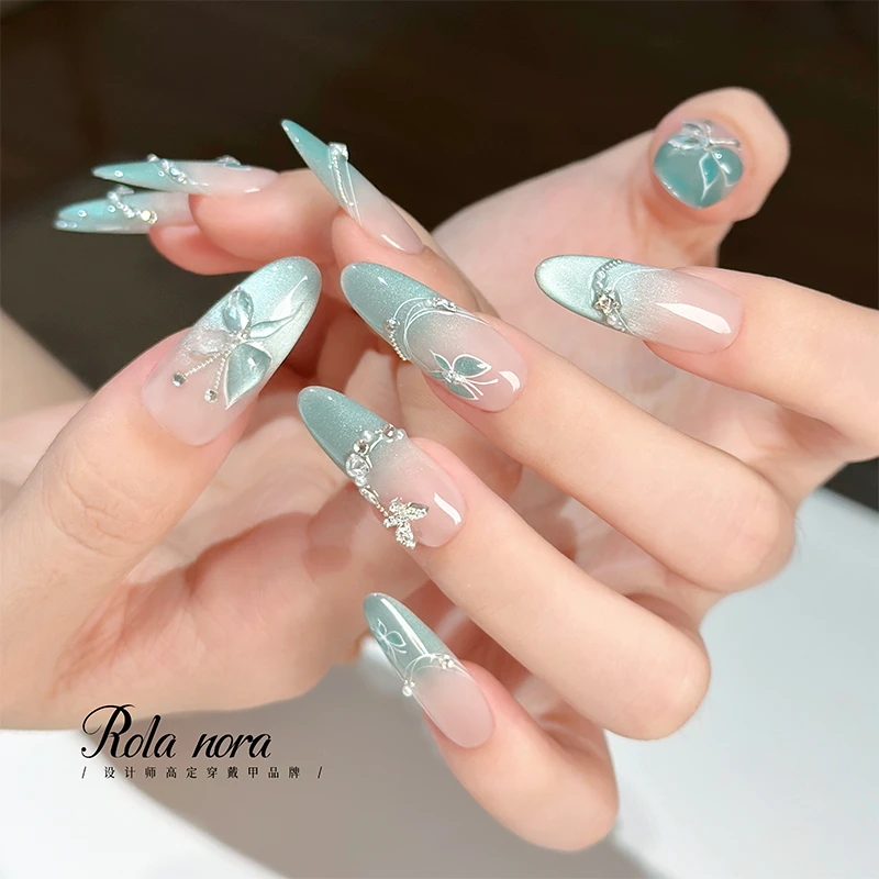 Rola Nora【碧玉】纯手工穿戴甲 水波纹蝴蝶猫眼钻钻设计高级显肤白