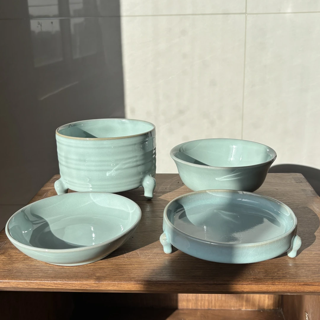 汝瓷邮票套｜汝窑碗盘弦纹樽三足洗汝州原产地汝瓷捡漏包邮