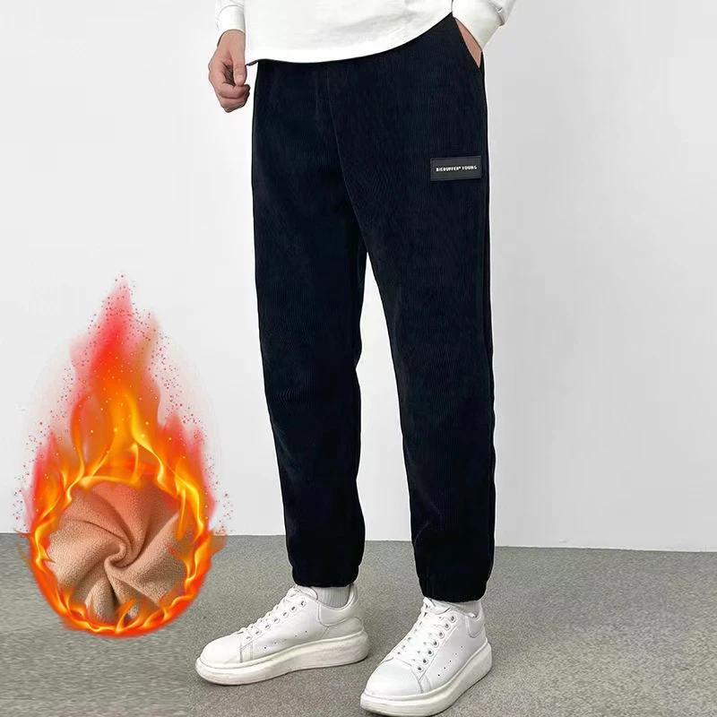 121秋冬季新款潮牌百搭男士休闲束脚时尚微弹加绒男士卫裤保暖