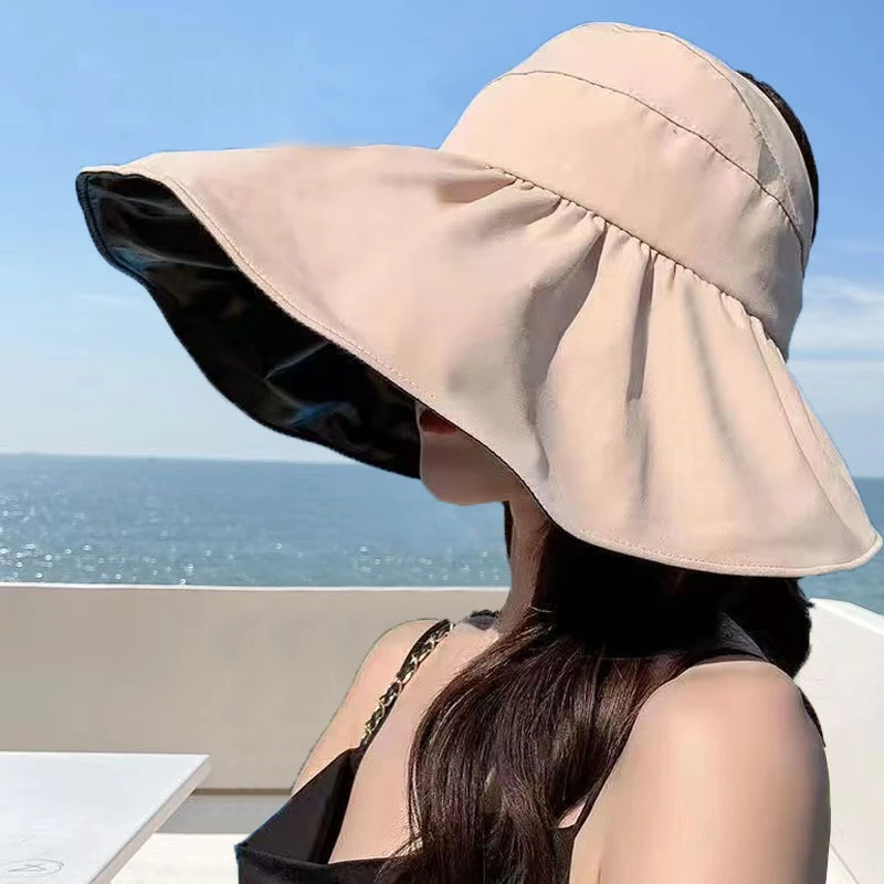 黑胶渔夫帽夏季女户外逛街帽 空顶韩版时尚休闲帽子可折叠露马尾