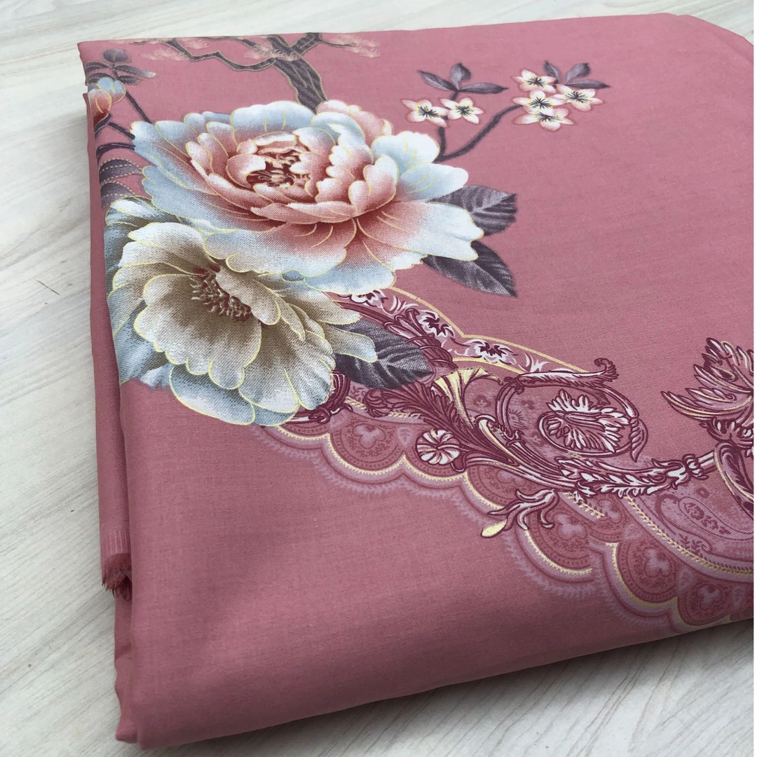 （中式粉）纯棉数码印花贡缎面料婚庆高档布料床单被罩布料