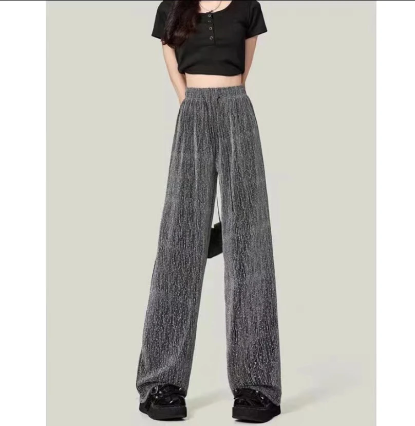 洛溪家2024夏季精选时尚透气两亮钻休闲阔腿裤