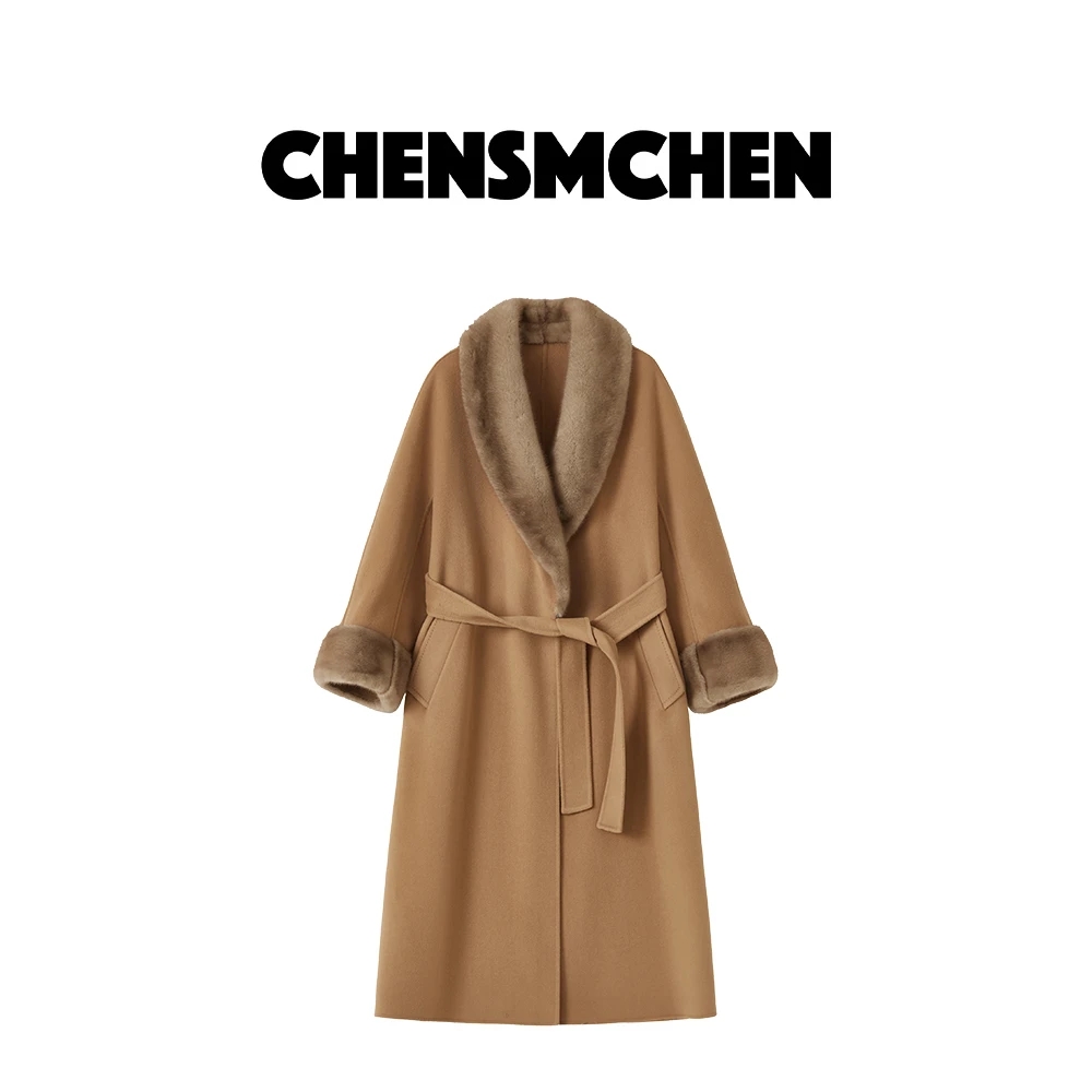 CHENSMCHEN 进口水貂毛领中长款呢子大衣女秋冬系带外套C24D053SL