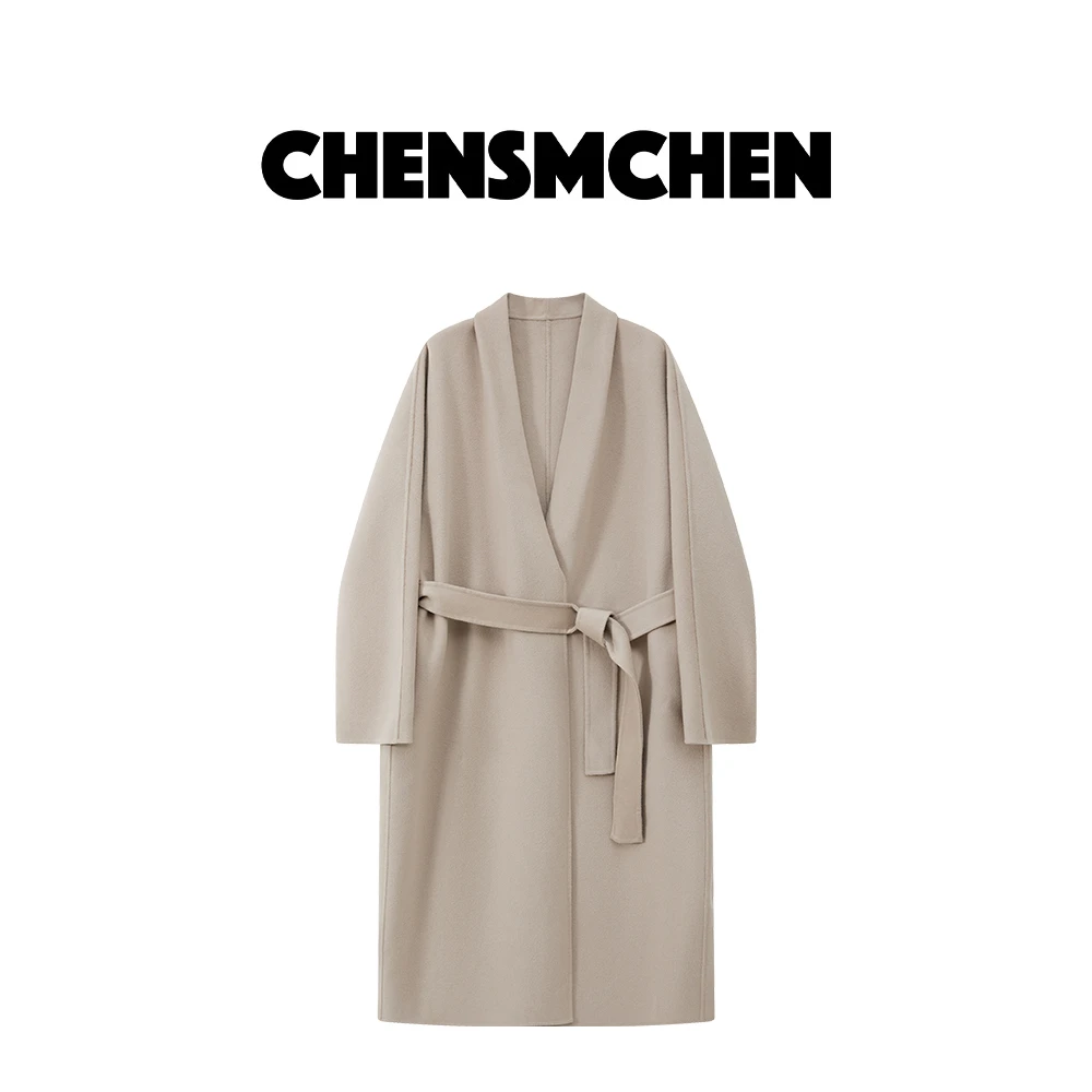 CHENSMCHEN绵羊毛系带V领中长款毛呢大衣女秋季百搭外套C24D010TT