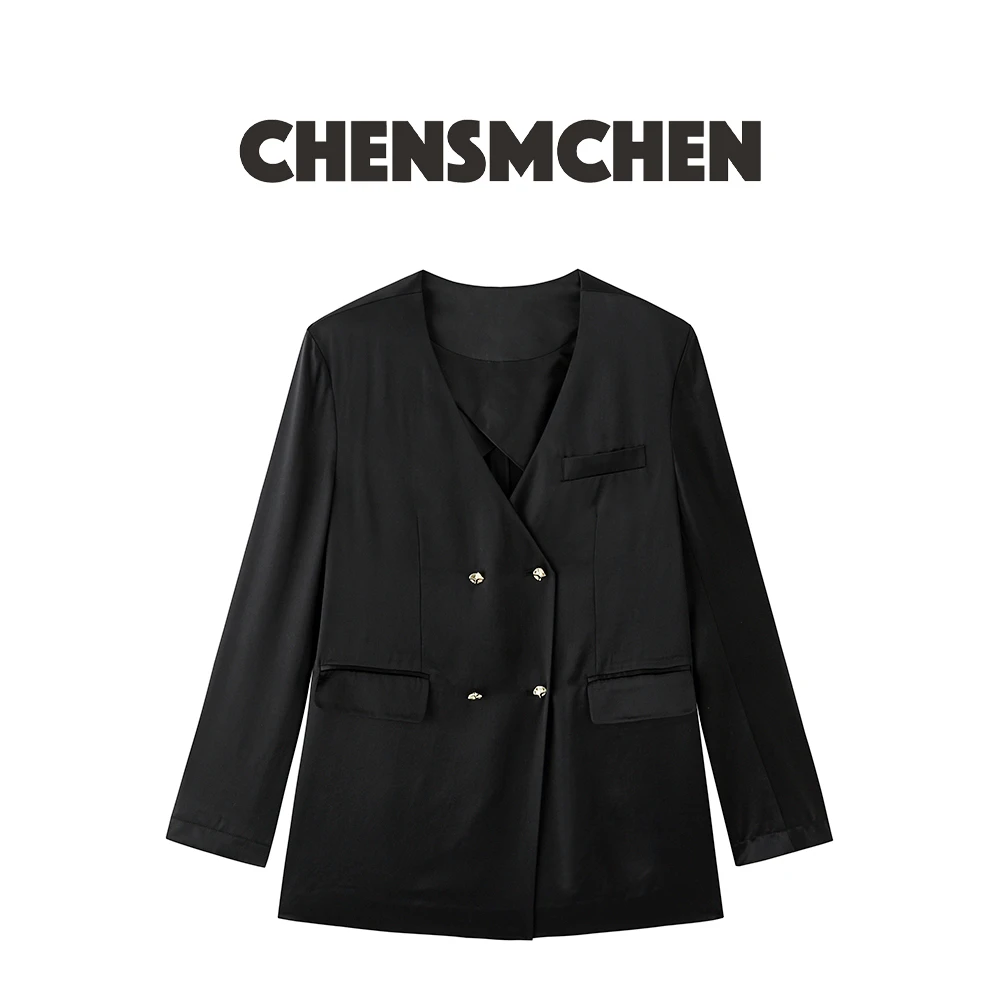 CHENSMCHEN设计师轻奢醋酸无领西装百搭气质长袖西服女C23X001