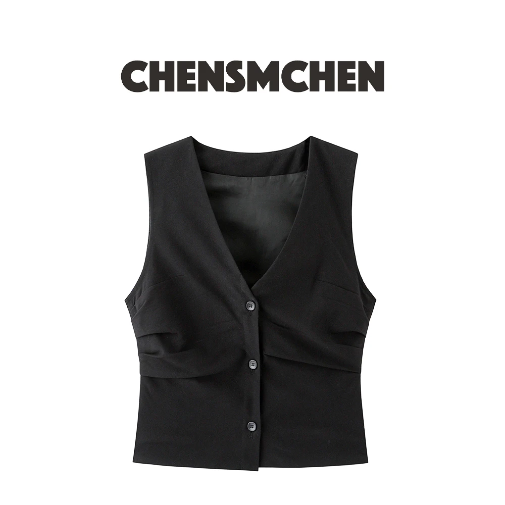 CHENSMCHEN【悉尼假日】黑色背心女夏季外穿V领马甲上衣C23J001
