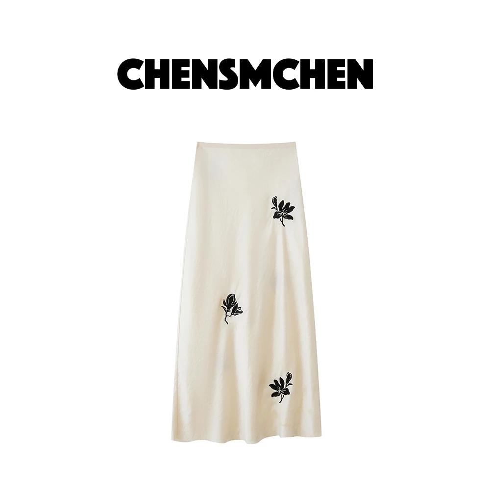 CHENSMCHEN【素璃】100醋酸半身裙女夏季高腰中长款绣花半裙C24Q009