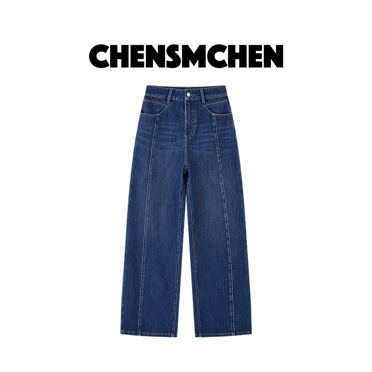 CHENSMCHEN 复古牛仔裤女秋冬蓝色设计感宽松拖地阔腿裤C24K069MX