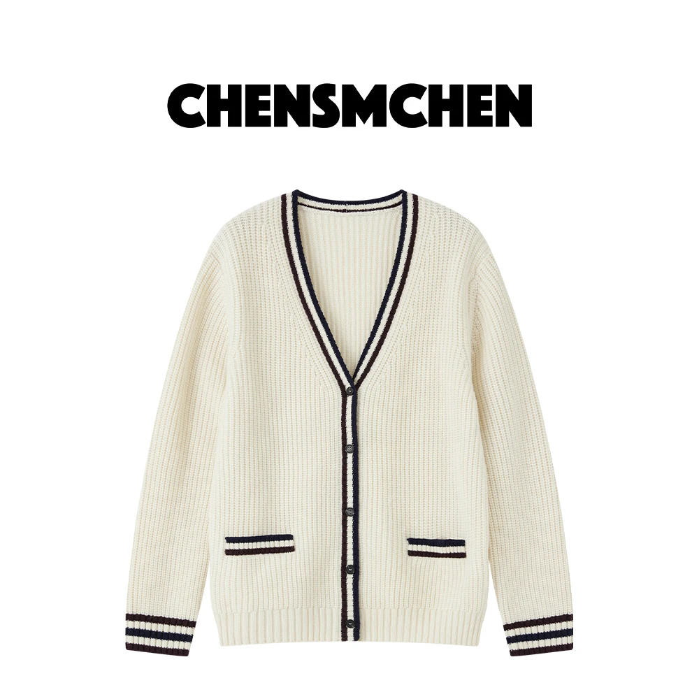 CHENSMCHEN 绵羊毛V领毛针织开衫女秋冬设计感百搭上衣C24Z140TT