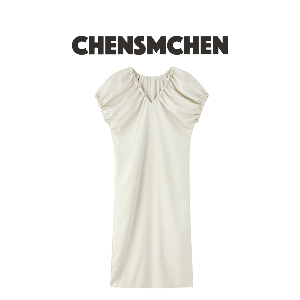 CHENSMCHEN【赫本风情】法式V领褶皱中长款显瘦连衣裙女C23L004