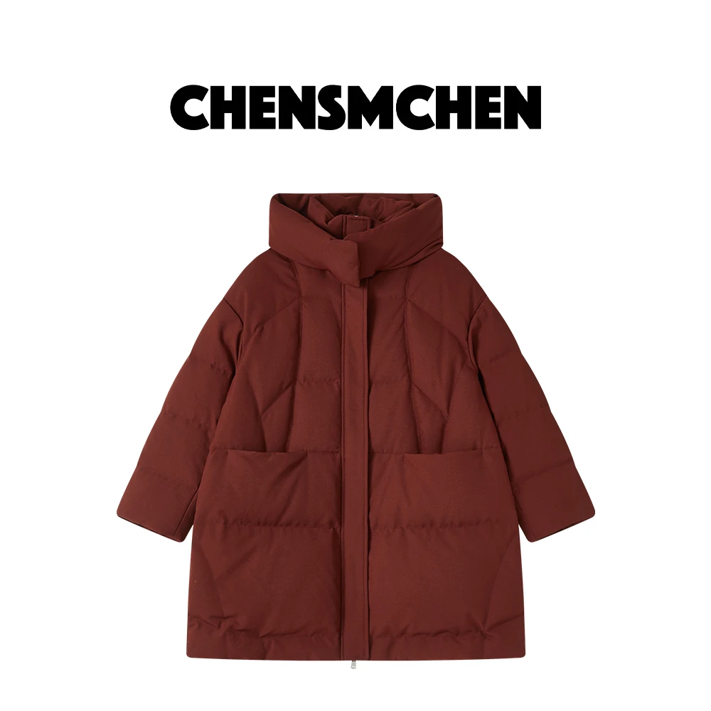 CHENSMCHEN 90新国标白鹅绒连帽鹅绒服女冬季保暖羽绒服C24Y041YQ
