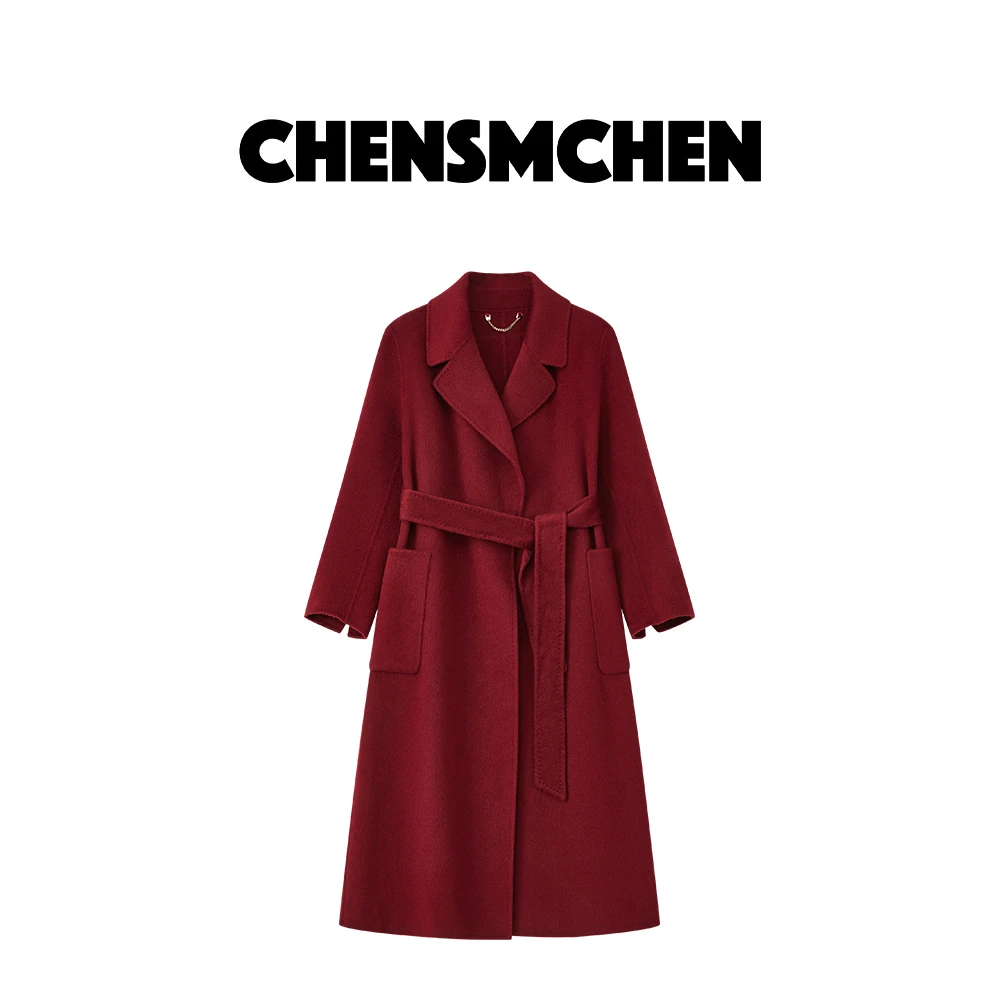 CHENSMCHEN 绵羊毛红色中长款毛呢大衣女秋冬百搭外套C24D033YQ