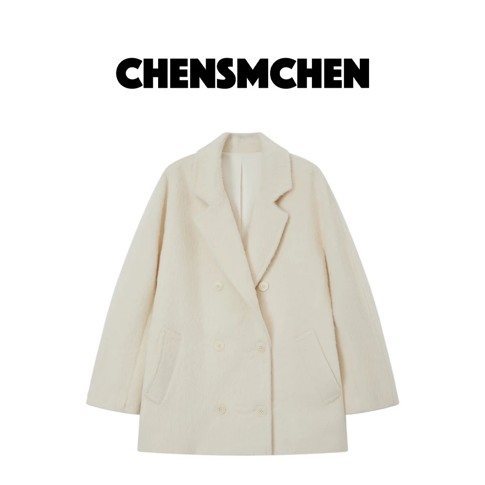 CHENSMCHEN进口羊驼毛苏力大衣女双排扣百搭秋冬外套C24W6088R