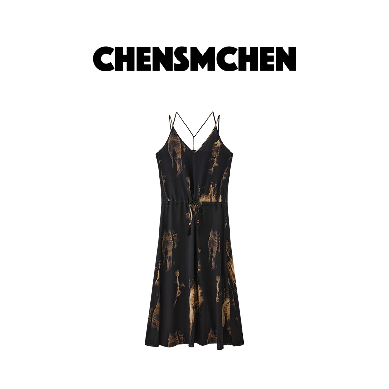 CHENSMCHEN【水墨】设计感收腰吊带连衣裙女夏季V领长裙C24L066MN