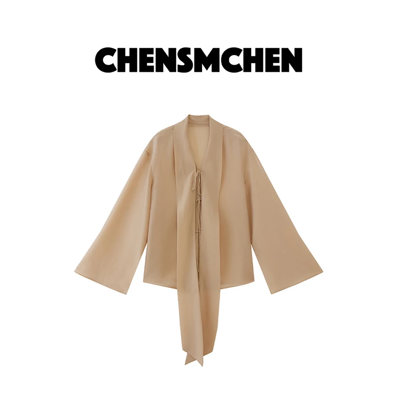 CHENSMCHEN桑蚕丝衬衫女夏季设计感系带卡其色醋酸衬衣C24040MN