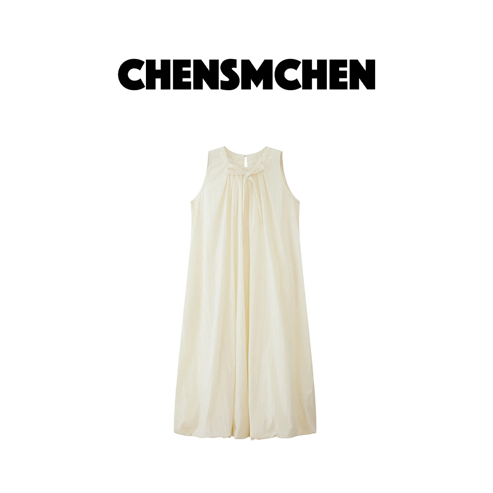CHENSMCHEN 设计感褶皱无袖天丝连衣裙女圆领显瘦背心裙C24L023