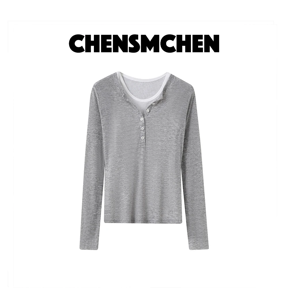CHENSMCHEN【灰天鹅】真两件长袖针织衫女打底上衣 C24T002