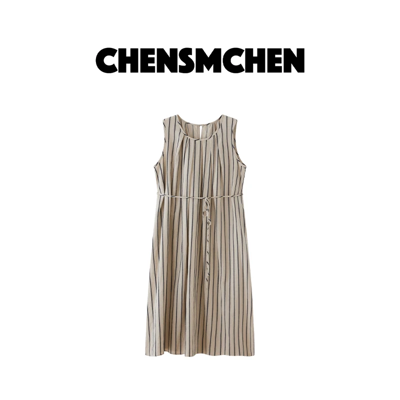 CHENSMCHEN【雅致】夏季条纹无袖连衣裙女显瘦圆领背带裙C24L060YQ