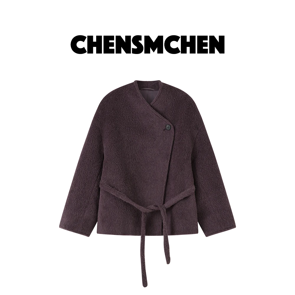 CHENSMCHEN 羊驼毛设计感系带大衣女冬季百搭宽松外套C24D052YQ