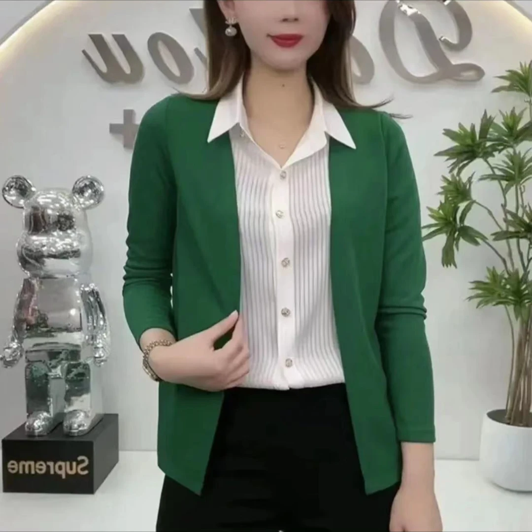 2024秋款新品假两件套翻领显瘦遮肉百搭气质女衬衫长袖洋气针织