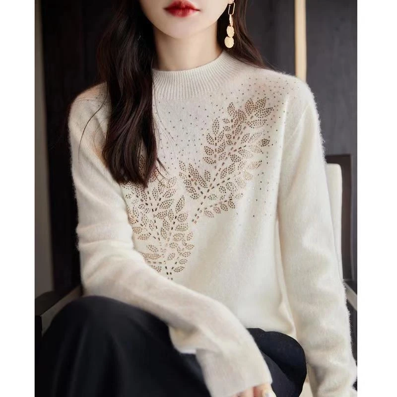 新款毛衫女半高圆领高温烫钻打底毛衣宽松百搭显瘦针织衫显瘦时尚