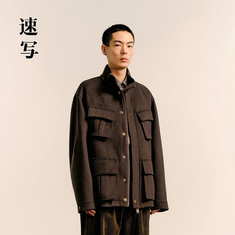 速写男装冬新款休闲毛呢外套宽松时尚工装短款上衣复古9OA810320