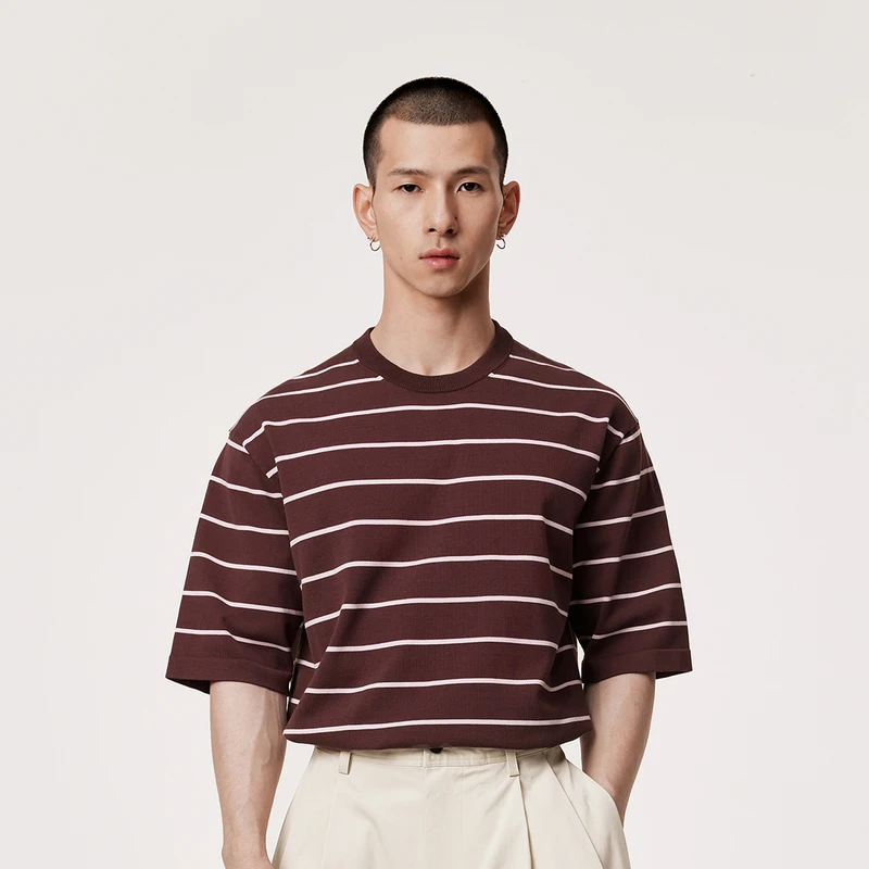 速写男装春夏新品针织衫宽松条纹短袖复古年轻时尚男士9O4315030