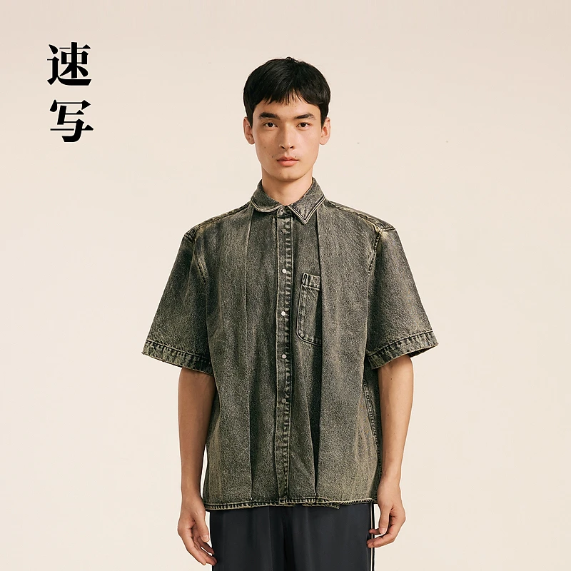 速写男装秋冬新款休闲宽松牛仔衬衣翻领短袖复古衬衫潮9O7213700