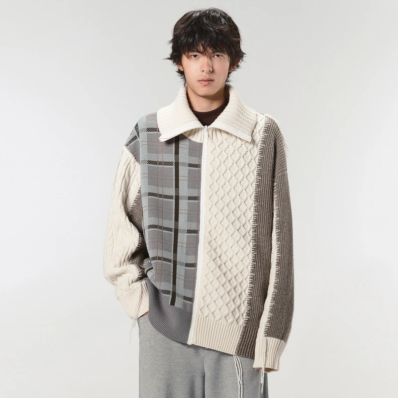 速写男装秋季新品毛衣撞色休闲复古拼接格子时尚外套9M0310350