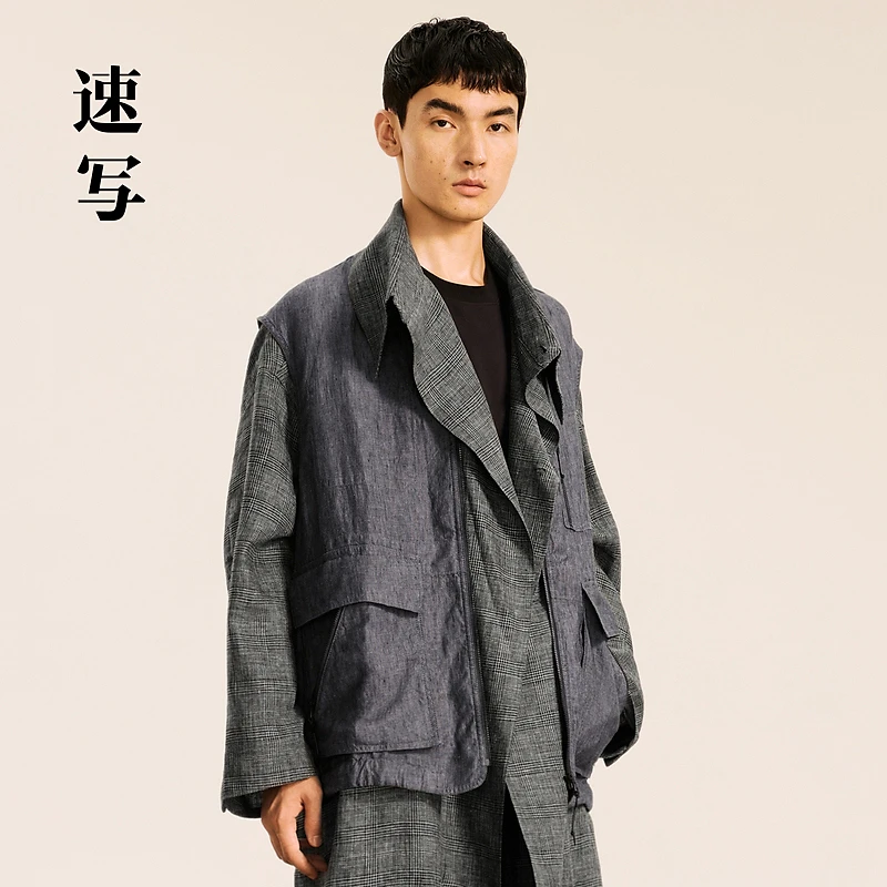 速写男装秋冬新款休闲外套亚麻工装马甲宽松无袖上衣潮9O7510930