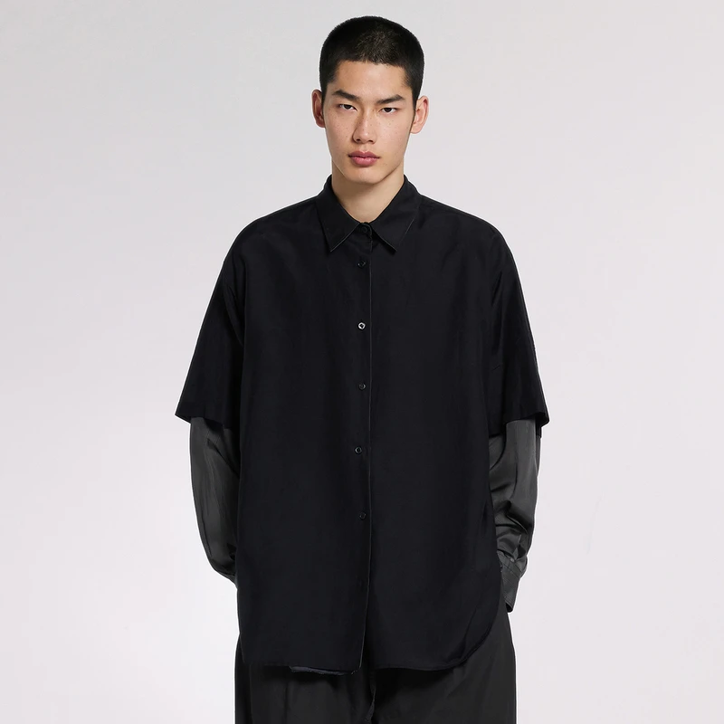 速写男装春夏新品衬衣条纹拼色宽松长袖黑色衬衫男生潮9N8210600