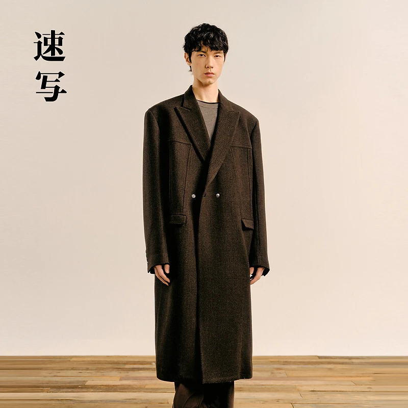 速写男装秋冬休闲宽松毛呢大衣复古翻领长款廓形外套9O9813050