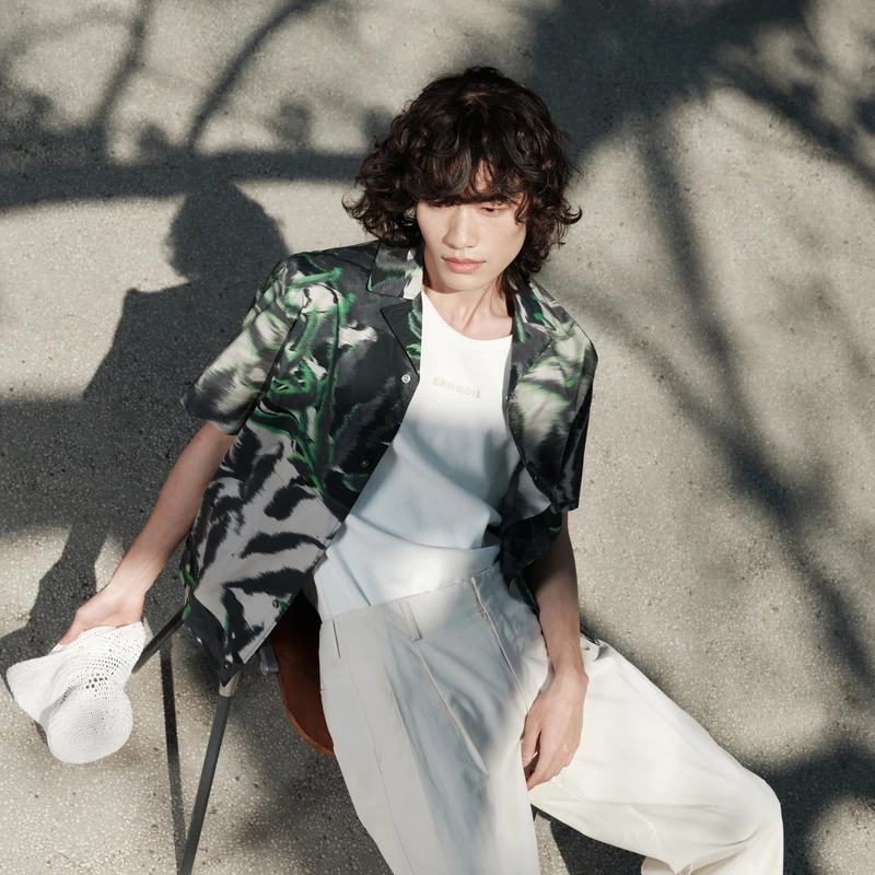 速写男装夏折扣新品衬衫短袖古巴领沙漠枝蔓印花晕染感9M5251260