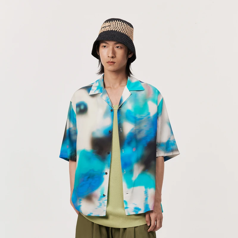 速写男装夏季新品衬衫宽松短袖翻领休闲印花个性吸睛男9O5212730