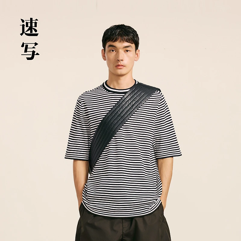 速写男装秋冬新款休闲宽松短袖条纹设计毛衫绵羊毛上衣9O8317370