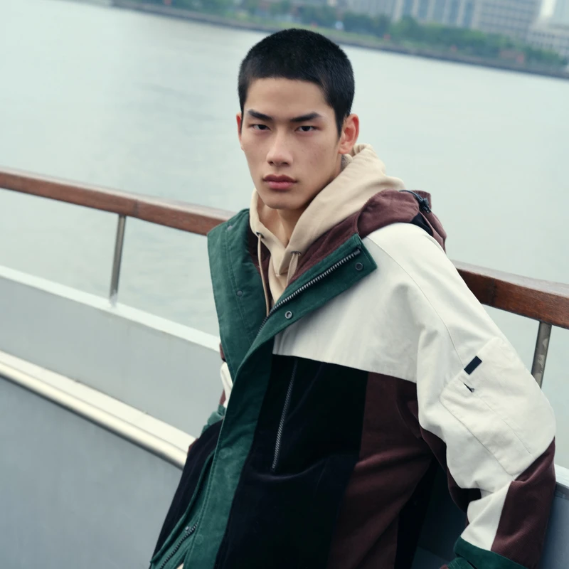 速写男装早秋夹克外套男潮流撞色复古美式宽松连帽设计9M8610830